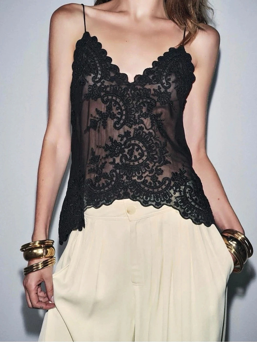 Zara ZW Collection Embroidered Camisole Top Black Lace Camisole Size Small Like